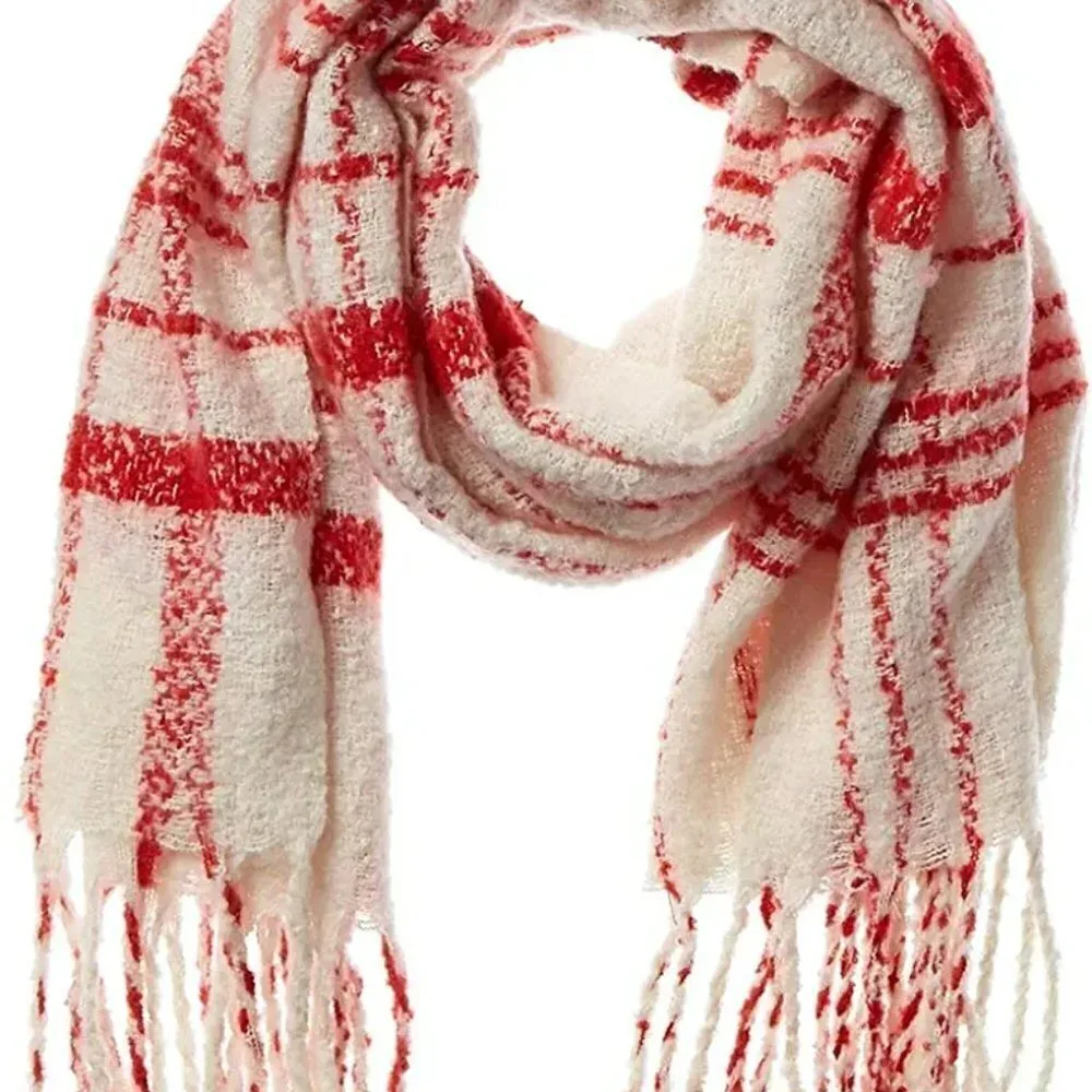Free People Prep Brushed Plaid Blanket Scarf Size One -Ivory Red